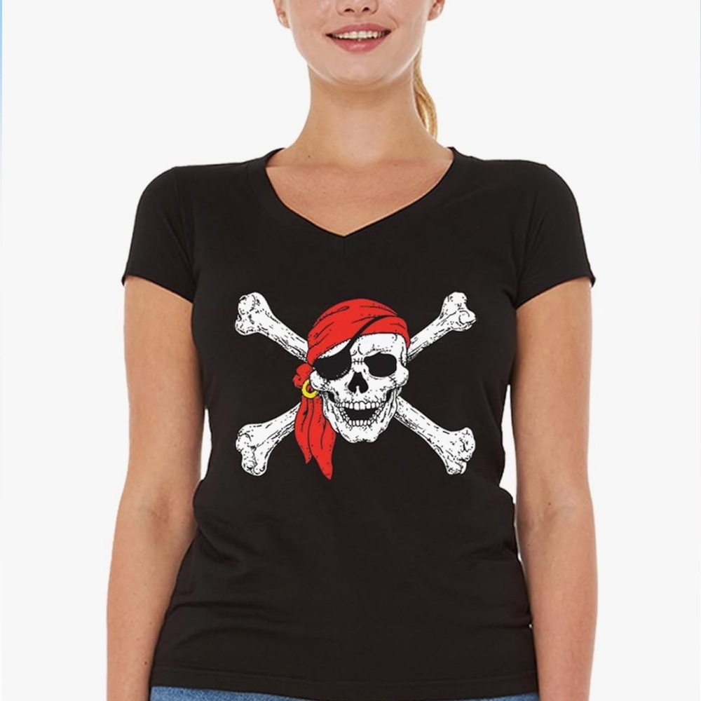 shop4ever Pirate Buccaneer Costume Women's V-Neck T-Shirt Slim FIT, Sz Large